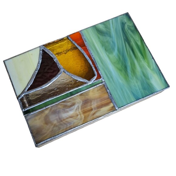Vtg Stained Glass Trinket Box With Artistic Multicolor Lid & Clear Textured Base - Picture 2 of 4